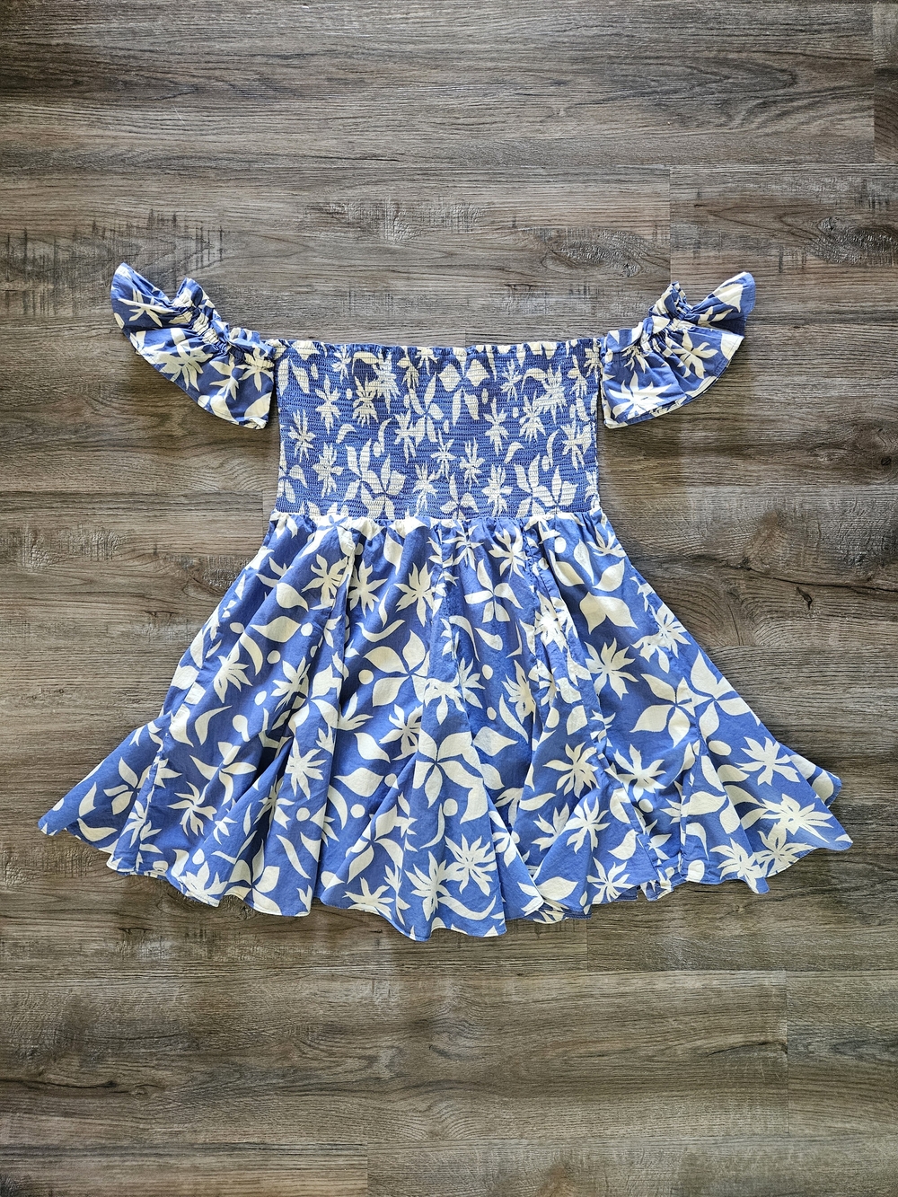 ZARA Blue & White Floral Retro Off The Shoulder Smocked Mini Dress